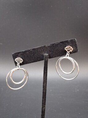Double Circle Harley-Davidson Post Earrings Silver-Tone Minimalist